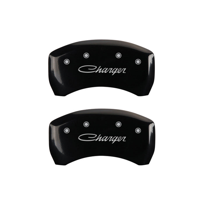 MGP 4 Caliper Covers Engraved Front & Rear Cursive/Charger Black finish silver ch