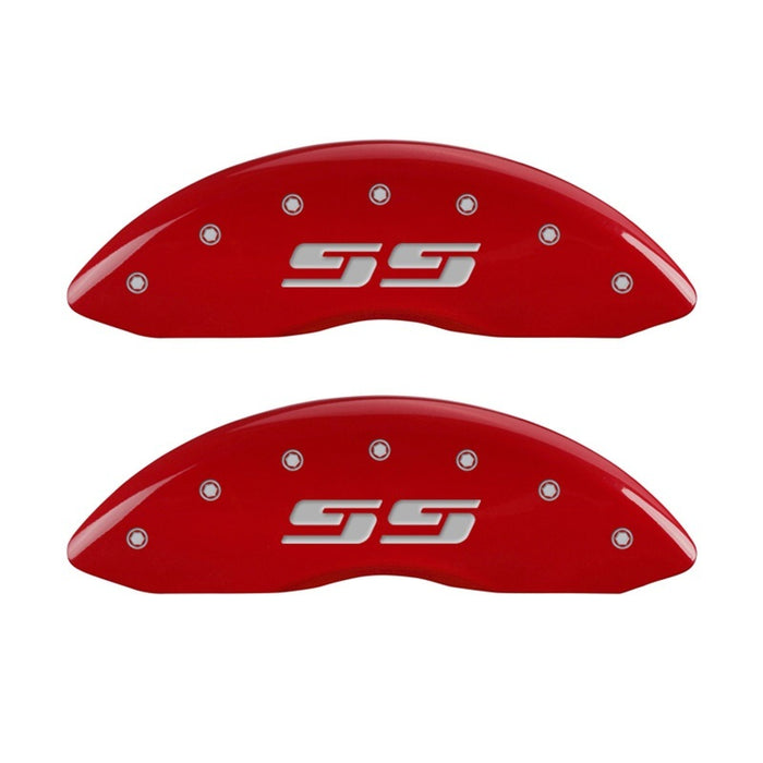 MGP Front set 2 Caliper Covers Engraved Front Silverado style/SS Red finish silver ch