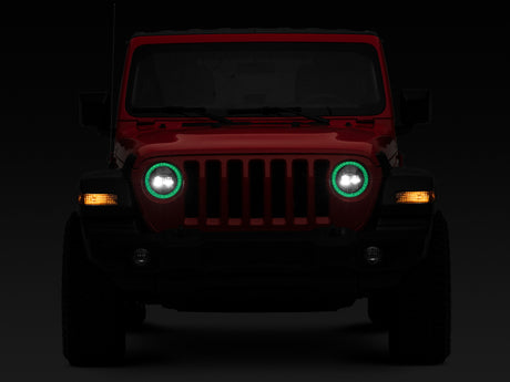 Raxiom 18-22 Jeep Wrangler JL/JT Axial 9-Inch LED Headlights w/RGB Halo- Blk Housing (Clear Lens)