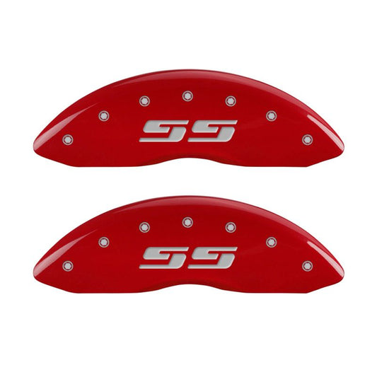 MGP 4 Caliper Covers Engraved Front & Rear Silverado style/SS Red finish silver ch