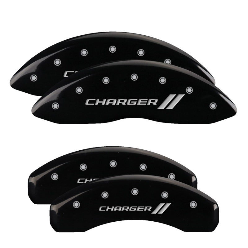 MGP 4 Caliper Covers Engraved Front & Rear With stripes/Charger Black finish silver ch