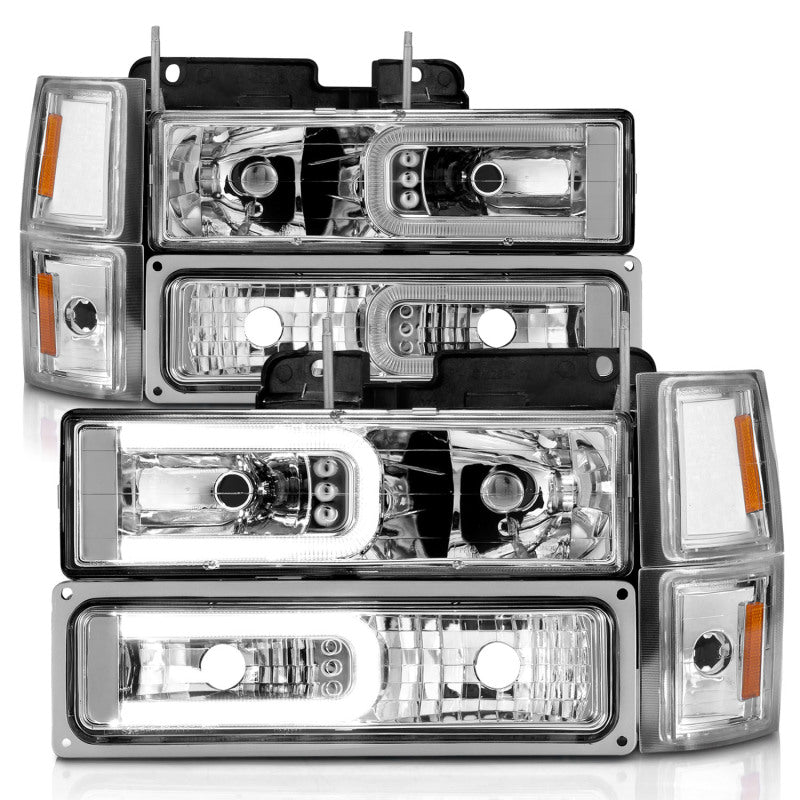 ANZO 88-98 Chevrolet C1500 Crystal Headlights w/Light Bar Chrome Housing w/ Signal Side Markers 8Pcs