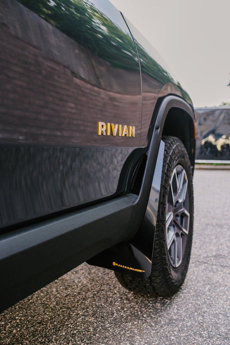 Rally Armor 22-25 Rivian R1T Black UR Mud Flap w/Tangerine Scream Logo
