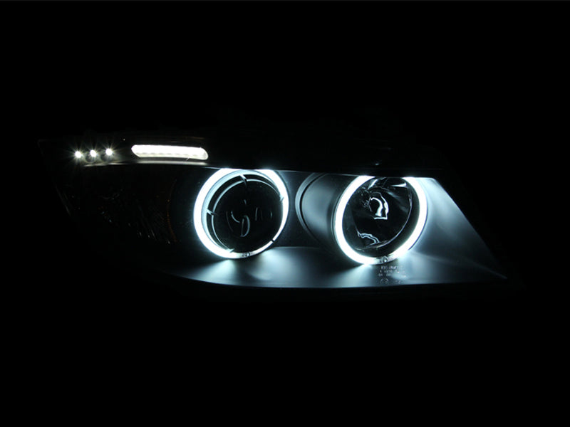 ANZO 2006-2008 BMW 3 Series E90-E91 Projector Headlights w/ Halo w/ LED Bar Black (CCFL)