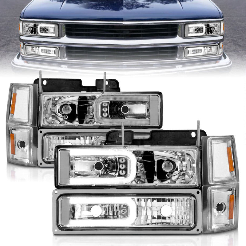 ANZO 88-98 Chevrolet C1500 Crystal Headlights w/Light Bar Chrome Housing w/ Signal Side Markers 8Pcs