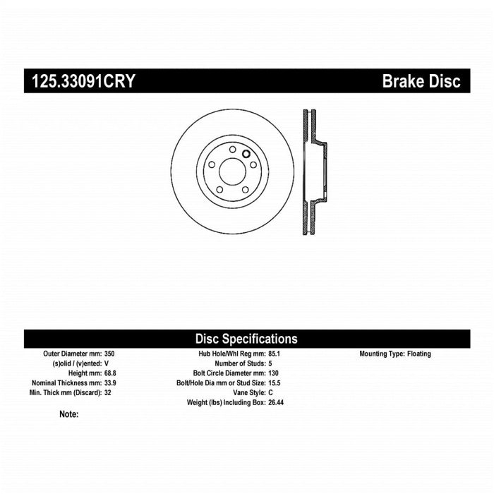 Centric Premium 03-18 Porsche Cayenne Front Right CRYO-STOP Rotor