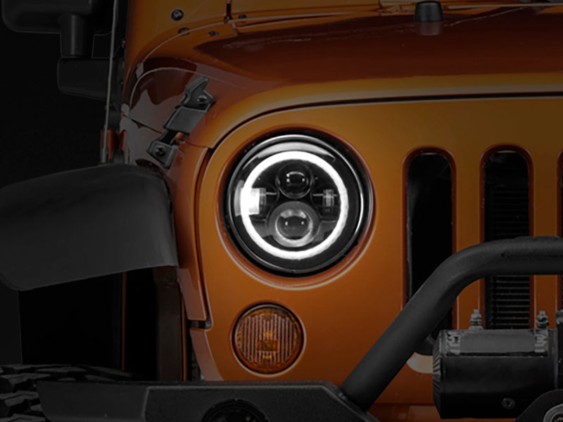 Raxiom 97-18 Jeep Wrangler TJ/JK Axial Halo Headlights w/ DRL Amber Signals- Blk Hsng (Clear Lens)