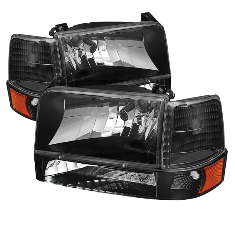 xTune Ford F150/Bronco 92-96 Headlights w/Corner Bumper 6pcs Amber- Black HD-JH-FB92-SET-AM-BK