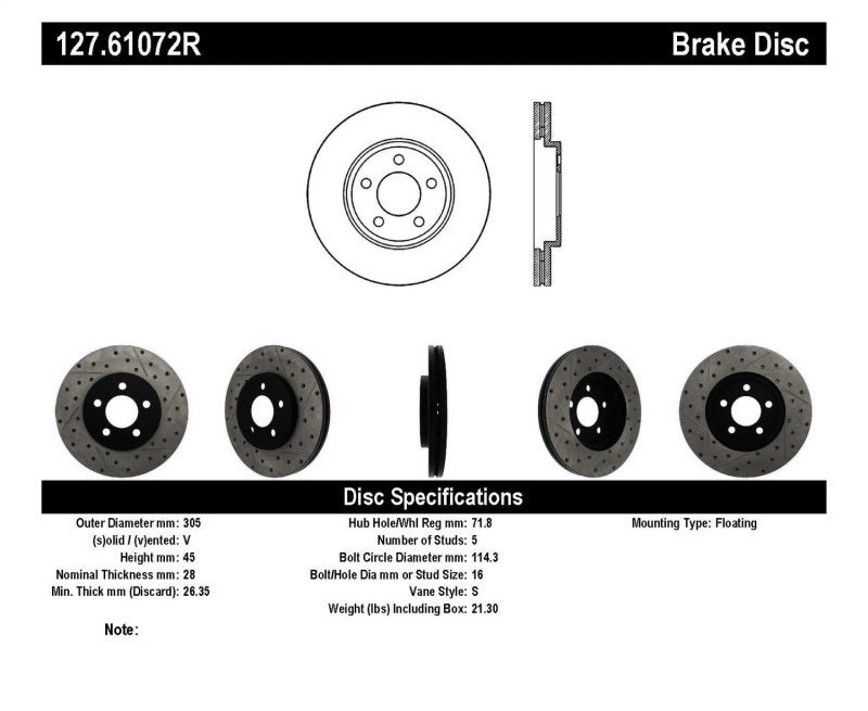 StopTech 03-09 Lincoln Town Car / 03-09 Mercury Grand Marquis Front Right Slotted & Drilled Rotor