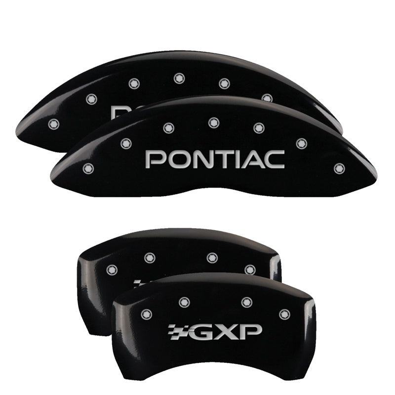 MGP 4 Caliper Covers Engraved Front Pontiac Engraved Rear GXP Black finish silver ch