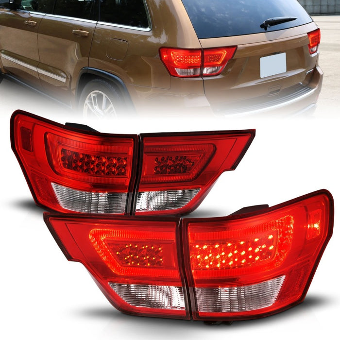 ANZO 11-13 Jeep Grand Cherokee LED Taillights w/ Lightbar Chrome Housing Red/Clear Lens 4pcs