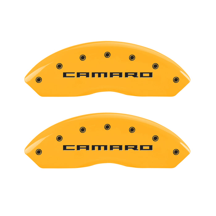 MGP 4 Caliper Covers Engraved Front Gen 5/Camaro Engraved Rear Gen 5/RS Yellow finish black ch