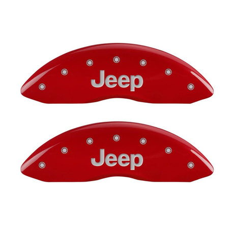 MGP 4 Caliper Covers Engraved Front JEEP Engraved Rear JEEP Grill logo Red finish silver ch