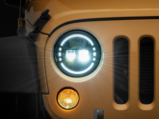 Raxiom 97-18 Jeep Wrangler TJ/JK Axial 7-Inch LED Headlights w/ DRL- Black Housing (Clear Lens)