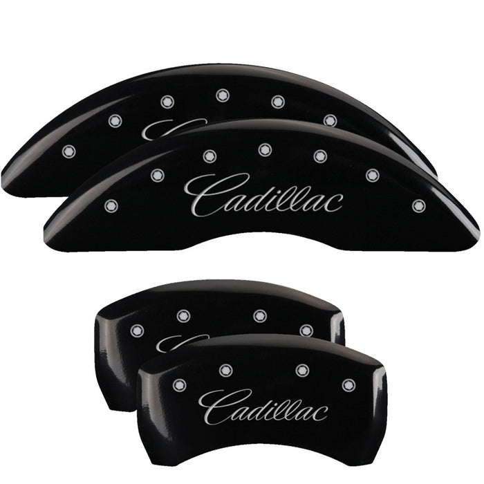 MGP 4 Caliper Covers Engraved F & R Cursive/Cadillac Black Finish Silver Char 2016 Cadillac CT6