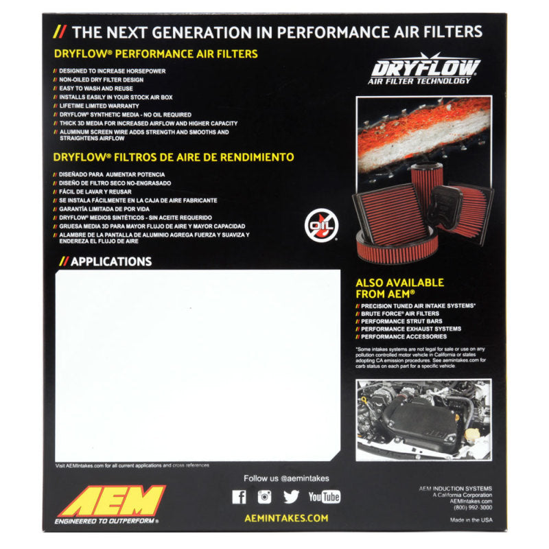 AEM 08-10 F150/250/350 / 07-10 Expedition 10.5in O/S L x 9.875in O/S W x 2.188in H DryFlow Filter