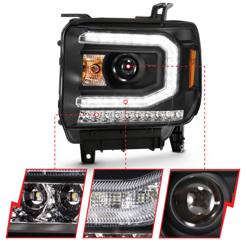 ANZO 2016-2019 GMC Sierra 1500 Projector Headlight Plank Style Black w/ Sequential Amber Signal