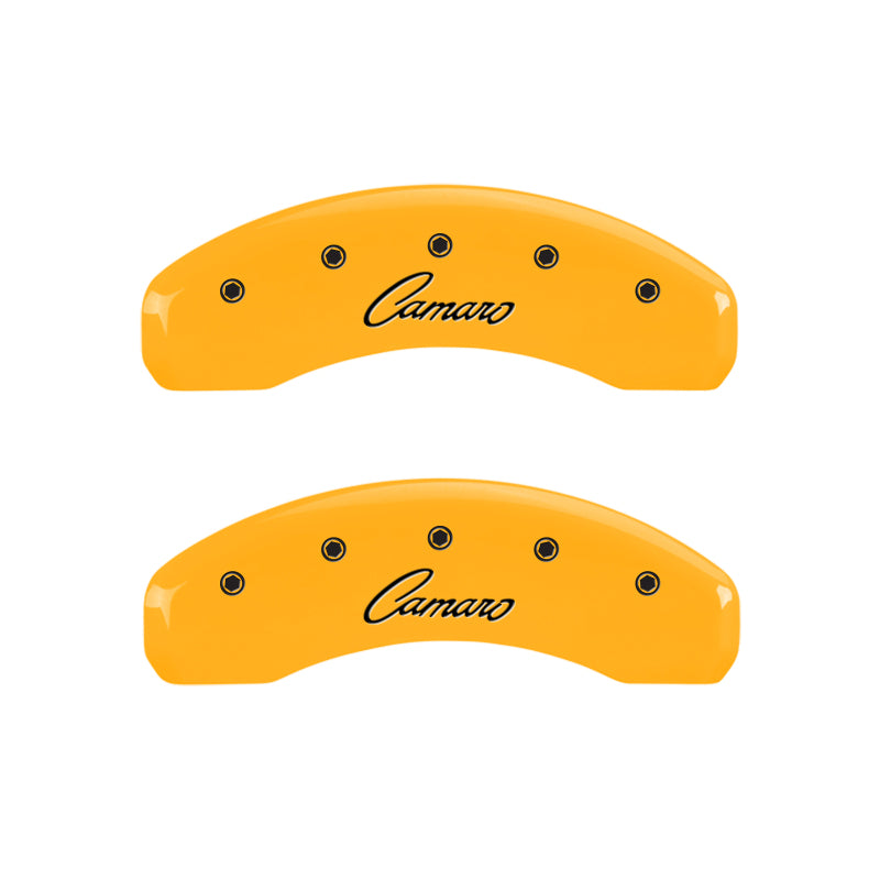 MGP 4 Caliper Covers Engraved Front & Rear Cursive/Camaro Yellow finish black ch